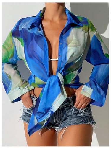 MakeMeChic Women's Tie Dye Beach Kimonos Button Down Shirt Long Sleeve Sheer Swimsuit Cover Up4