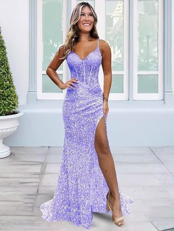 Women's Sparkly Sequin Prom Dresses Lace Appliqued Long Mermaid Corset High Slit Formal Party Gowns3