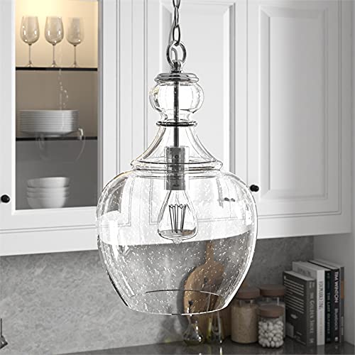 Henn&Hart 11" Wide Pendant with Glass Shade in Brushed Nickel/Seeded, Pendant, Flush Mount Ceiling Light Fixture for Kitchen, Living Room