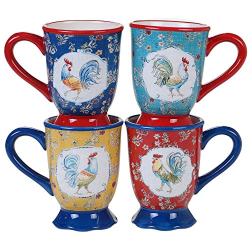 Morning Bloom 16-Piece Dinnerware Set (Service For 4) Blue Multi Color White Rooster Casual Modern Contemporary Round Ceramic 16 Piece Dishwasher Safe Microwave #TOP3