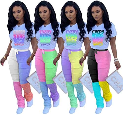 Casual 2 Piece Outfit Sets for Women Color Block Short Sleeve T-Shirts + Stacked Flare Pants Tracksuit Sweatsuit - Image 3