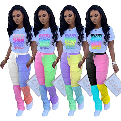 Casual 2 Piece Outfit Sets For Women Color Block Short Sleeve T-Shirts + Stacked Flare Pants Tracksuit Sweatsuit A-Black #TOP2