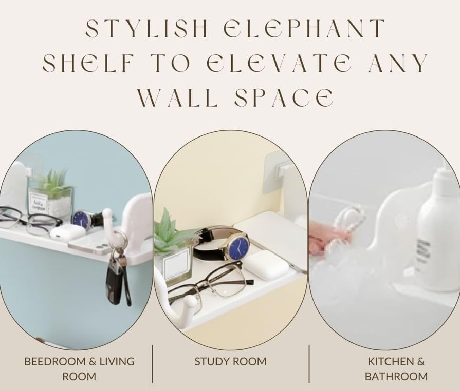 Image of Plastic Elephant Self-Adhesive Wall Shelf | No-Drill Floating Wall Rack for Home Decor & Kids Room | Strong Adhesive Storage Shelf for Toys, Showpieces, Perfumes | Cute Elephant Design Wall Organizer