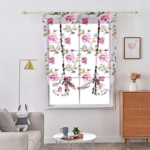 Jaijy French Country Peony Flower Leaf Kitchen Window Shades Curtain Tie Up Adjustable Balloon Windows Treatmet Roman Tiebacks Drape For Cafe, 32" X 55", Pink #TOP1