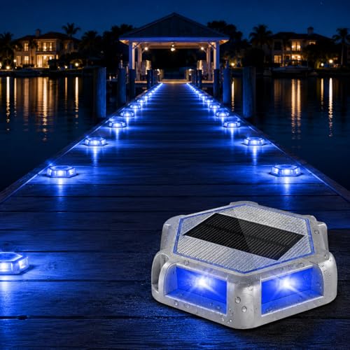 CREPOW Solar Dock Lights Outdoor Waterproof, 12 Pack Blue LED Solar Driveway Lights with Aluminum Housing, Solar Deck Lights for Dock, Marina, Driveway Marker, Pathway, Step, Yard