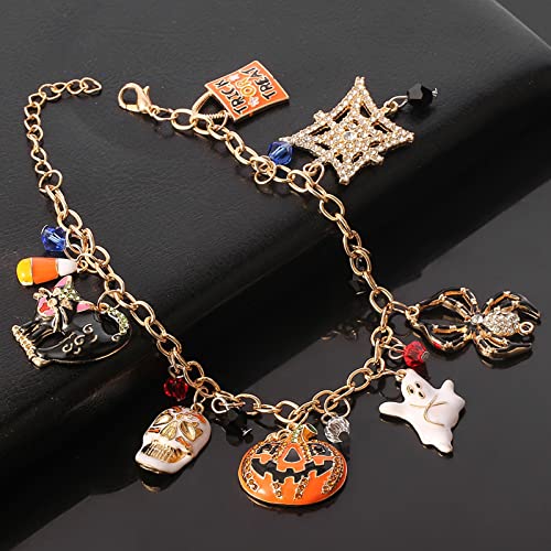 Whaline Halloween Bracelet Halloween Pumpkin Spider Ghost Black Cat Pendant Bracelet Adjustable Alloy Drop Hand Chain for Girls Women All Saints' Day Party Costume Accessories Gift4