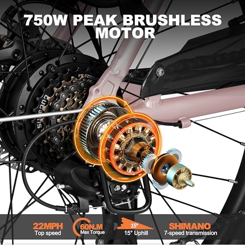 Image of ACTBEST Core Electric Bike, 468Wh Removable Battery, 26 inch Step Thru Electric Bicycle, 350W(Peak 750W) Brushless Motor Cityrun Ebike, with 7 Speed, Up to 50 Miles, Pink - with Mirror