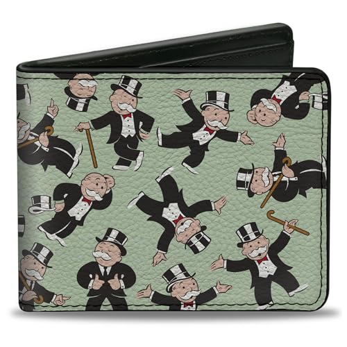 Buckle-Down Hasbro Wallet, Bifold, Mr Monopoly Rich Uncle Pennybags Poses Scattered Green, Vegan Leather