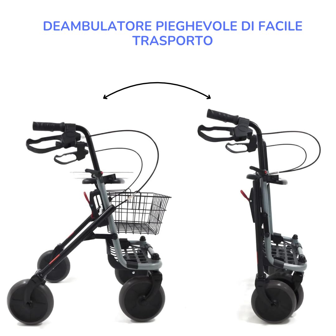 Deambulatore Girello per Anziani e Disabili Pieghevole e Regolabile con 4 Ruote, Rollator con Freni di Stazionamento, Seduta e Cestino per esterni e interni, Alluminio