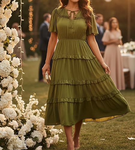 Image of Women's Short Sleeve Summer Boho Pleated Rayon Mid Dresses with Pockets for Wedding Guest