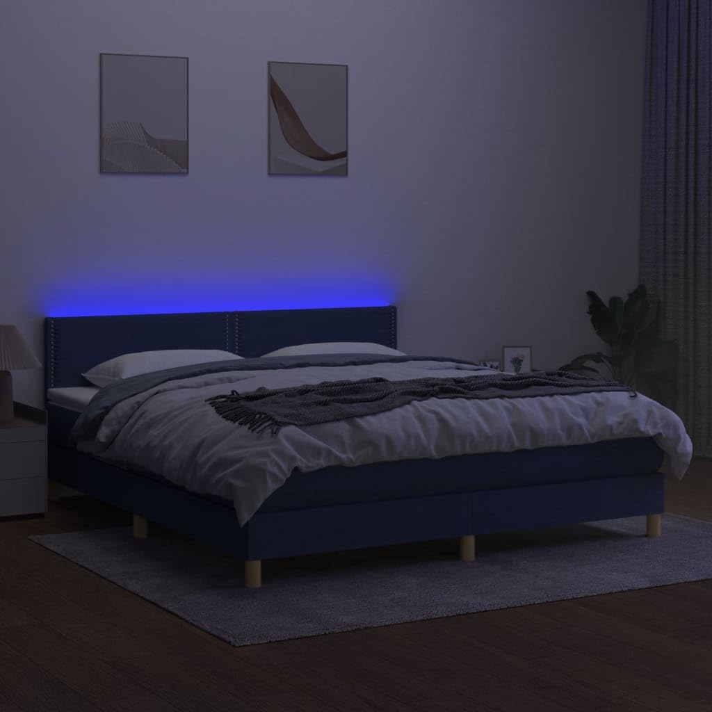 tkanina LED podświetlenie regulowany zagłówek 180x200 niebieski | Łóżko kontynentalne 180x200 cm z materacem sprężynowym, niebieskie, tkanina, LED, zagłówek