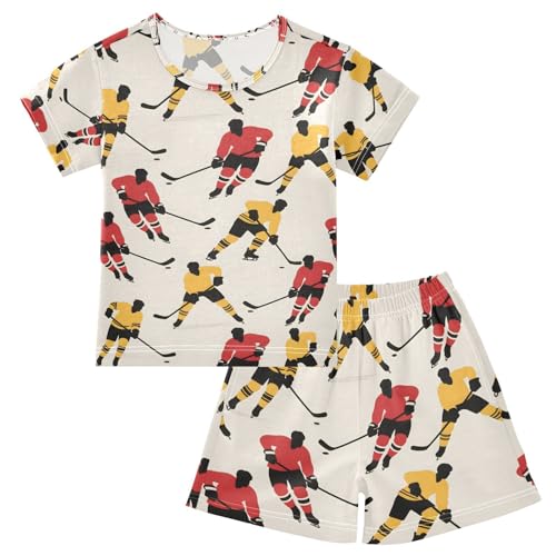 ALAZA Ice Hockey Cartoon Yellow Red Pajamas Set Short Sleeve Cotton Sleepwear Summer Pjs 2 Piece 5-14Y
