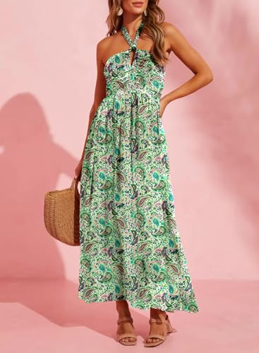Image of Dokotoo Women's Summer Dresses Halter Neck Sleeveless Backless Flowy A Line Boho Maxi Dress