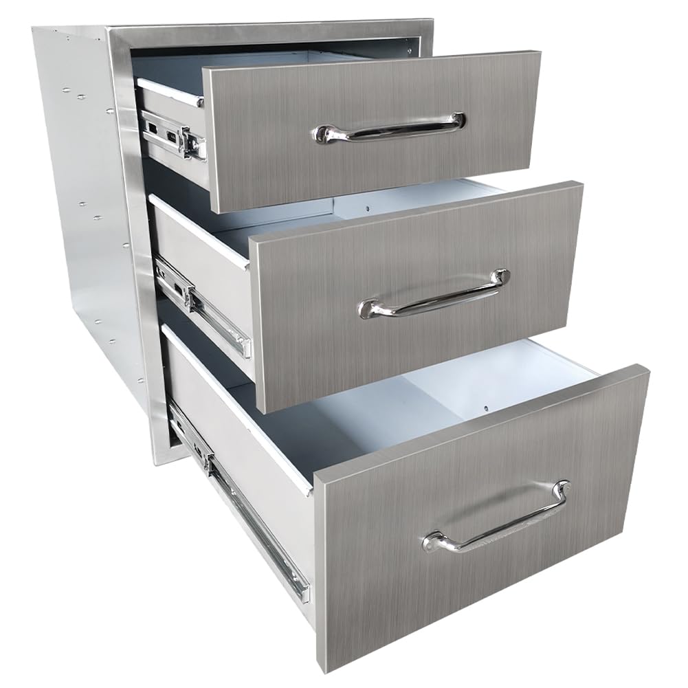Towallmark Outdoor Kitchen Drawers, Stainless Steel Triple Access BBQ Drawers with Chrome Handle, 18" W x 23" H x 23" D