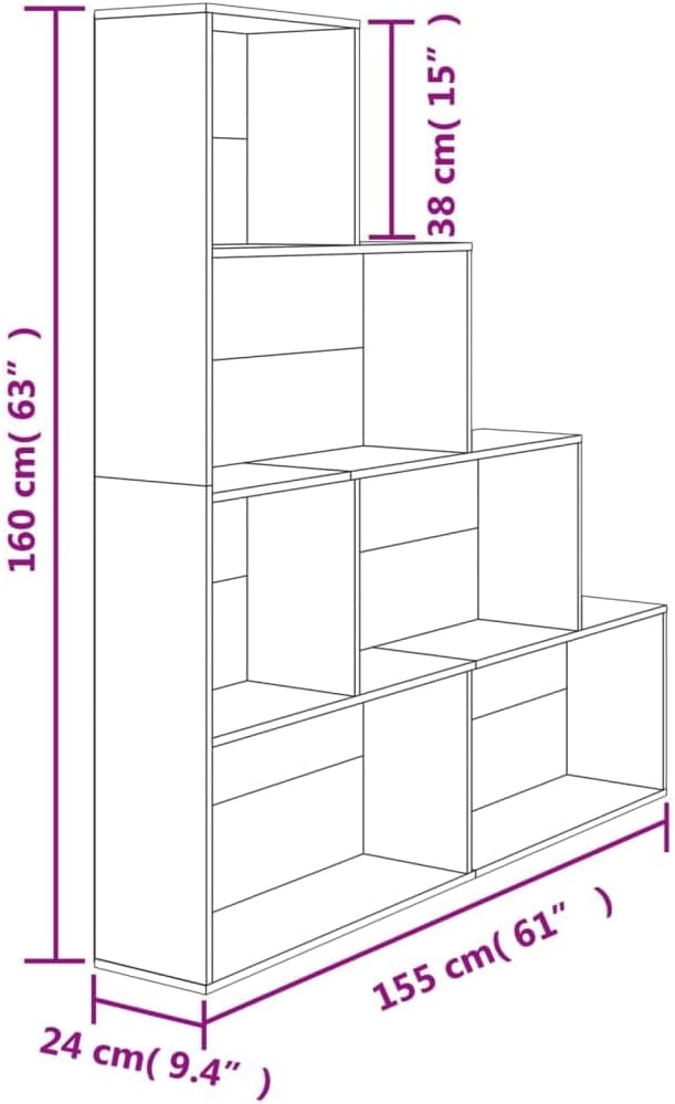 Diagram showing the dimensions of the vidaXL Book Cabinet: 160 cm (63 inches) height, 155 cm (61 inches) width, and 24 cm (9.4 inches) depth.