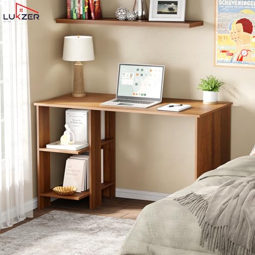 Image of Lukzer Engineered Wood Computer Desk with One Tier Shelves Laptop Study Table for Office Home Workstation Writing Modern Desk (ST-007 / Oak Brown / 100 x 50 x 77 cm)