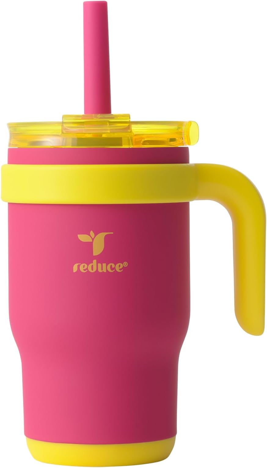 REDUCE 14 Oz Coldee Kids Tumbler with Lid and Straw - Coldee Insulated Travel Mug - Spill-Proof, Sweatproof Stainless Steel, BPA-Free - Includes Handle, Reusable Silicone Straw - Pink Lemonade