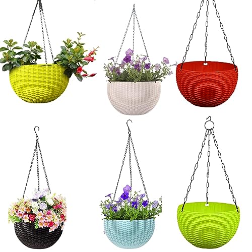 Image of Plastic Chain Hanging Round Basket Pots | Pack of 6 | Multicolor Hanging Planter for Indoor & Outdoor Use | Durable, Weather-Resistant, Decorative Flower Pots