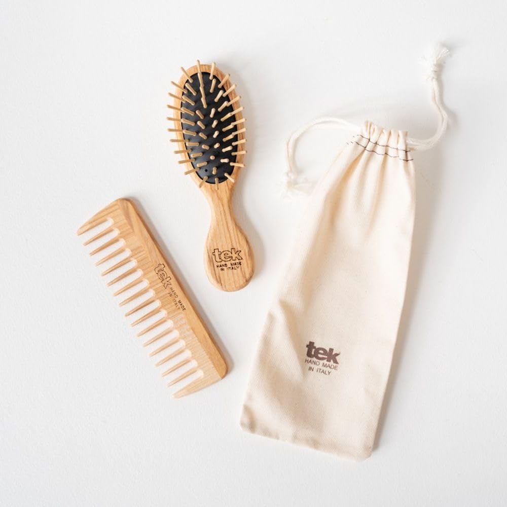 Tek Kit Spazzola Mini & Pettine in Legno | Con Custodia in Cotone Naturale