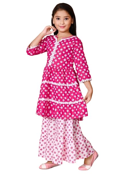 Image of First DREAMGirls Pink Bandhani Printed with Cotton Flower Lace Kurta with Sharara