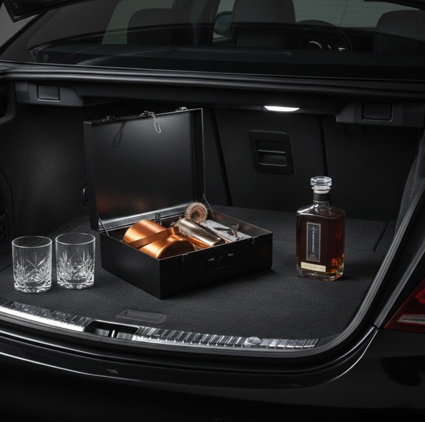 Image of Car-O-Bar Bar Set with Bar Trunk | Bar Setup for Home : Cocktail Shaker, Bar Spoon, Jigger, Muddler, Strainer, Wine & Beer Bottle Opener, Ice Bucket & Tong, Bar Trunk