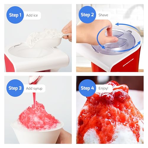 Image of OVENTE Shaved Ice Snow Cone Machine with Reusable Plastic Cup, Non-Slip Mat and Stainless Steel Blade, Kitchen Countertop Slushie Machine for Homemade Snowballs, Frozen Cocktails & More, Red ICR1505R
