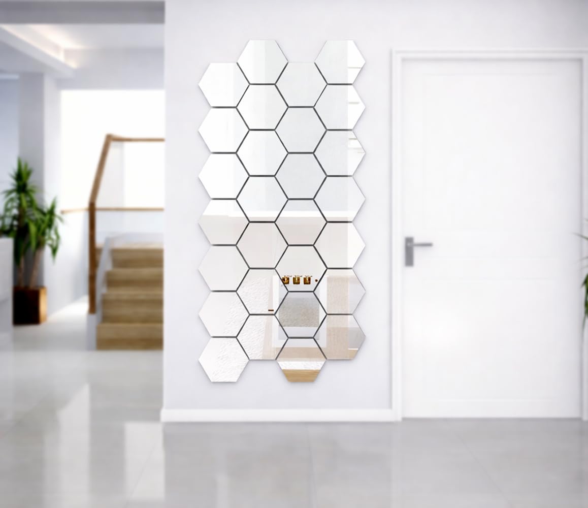 Wall1ders - 28-Piece Silver Hexagon Mirror Wall Stickers with 10 Decorative Butterfly Accents