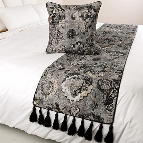 The Homecentric Designer Black & Grey King 90 X 18 Inch Bed Runner With Pillow Cover Set, Velvet Damask With Tassels Bed Scarf, Abstract Modern - Paved Damask #TOP3