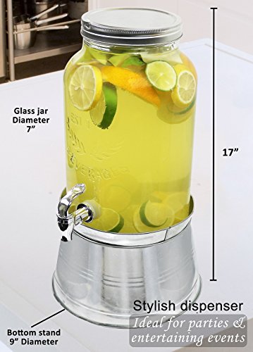 Estilo 1.5 gallon Glass Mason Jar Beverage Drink Dispenser With Ice Bucket Stand And Leak-Free Spigot, Clear