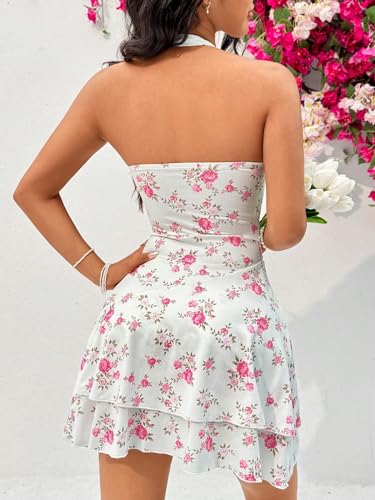 Image of Floerns Women's Cute Summer Halter Neck Floral Leopard Print Short Sundress