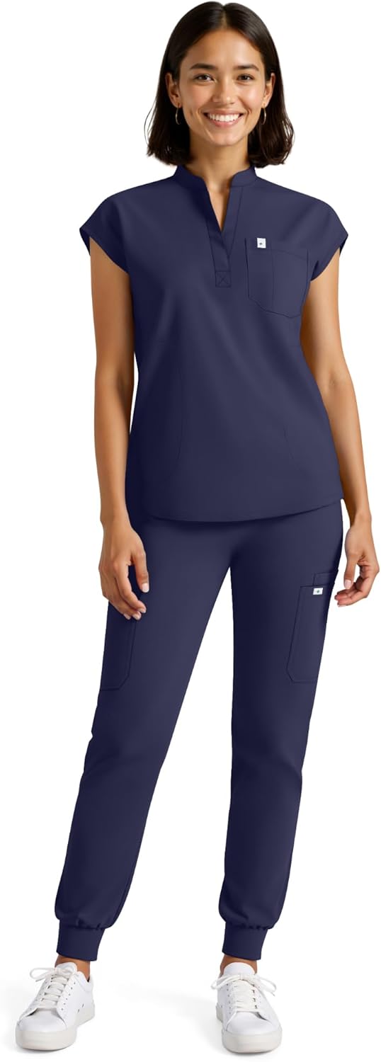 Scrubs for Women Set - Stretch Medical Uniform Scrubs - Slim Fit Top & Cargo Pant Scrubs Set with 11 Pockets Workwear