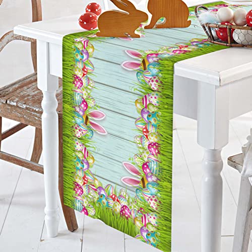 Easter Colorful Eggs Table Runner Dresser Scarves 36 Inches Long,Rabbit Ears Spring Rustic Wood Grain Table Runners,Farmhouse Table Runner For Kitchen/Dining/Coffee Table,Holiday Party Decoration #TOP5