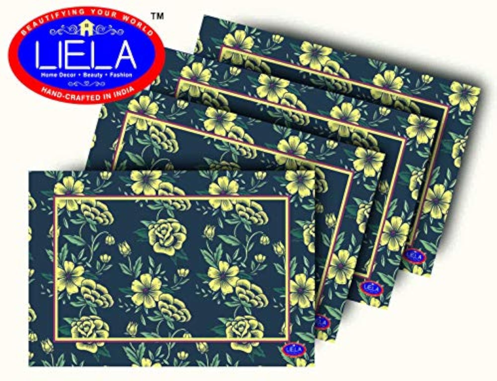 Table Runner with 4 Placemats, Black Flowers Design