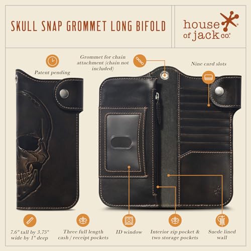 House of Jack Co. Snap Skull Grommet Long Bifold Wallet, Biker Wallet for Men, Add Your Chain, Full Grain Cowhide Leather Wallet with Snap Closure, Black3
