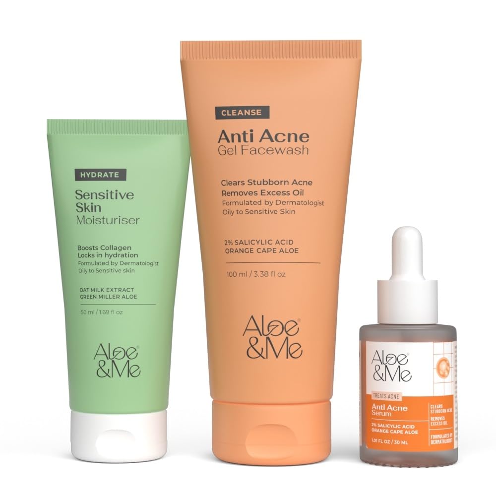 Aloe&ME 3 Step Anti Acne Kit | Anti Acne Gel Facewash, Moisturizer, Anti Acne Serum | for All Skin Types | Men and Women