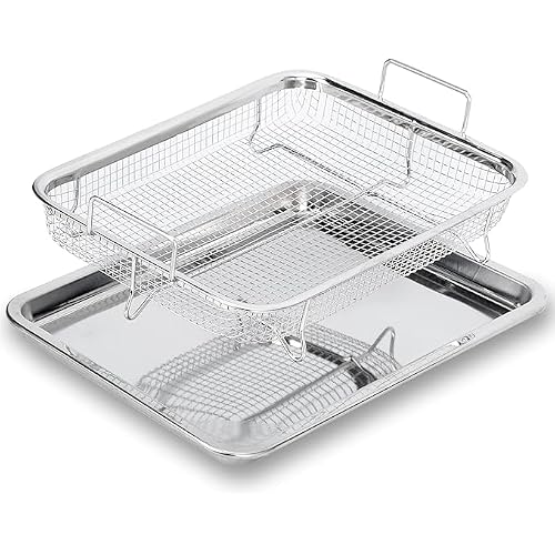 Kruvad Air Fryer Basket for Oven Air Fryer Rectangle Basket Stainless Steel Air Fryer Basket for Baking Sheet Cookie Sheet Set, Air Fryer with Crisper bakeware Tray 2 Pcs [ 32.5x24x8 CM ]