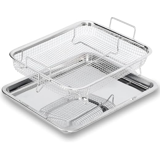 Kruvad Air Fryer Basket for Oven Air Fryer Rectangle Basket Stainless Steel Air Fryer Basket for Baking Sheet Cookie Sheet Set, Air Fryer with Crisper bakeware Tray 2 Pcs [ 32.5x24x8 CM ]
