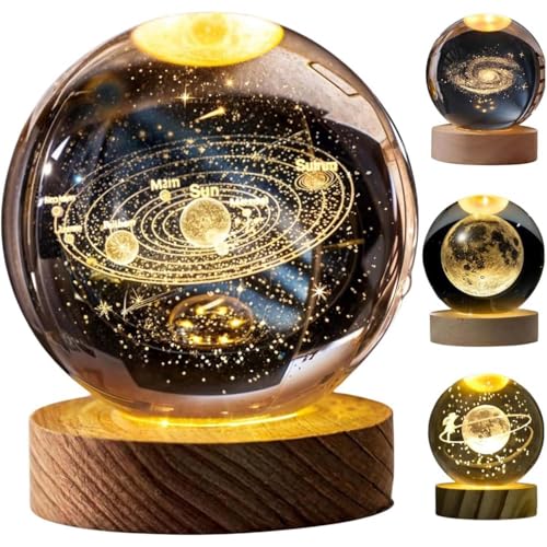 Luminária de Mesa Bola de Cristal em Vidro Luz LED Noturna 3D Design Céu Estrelado Galáxia Base de M