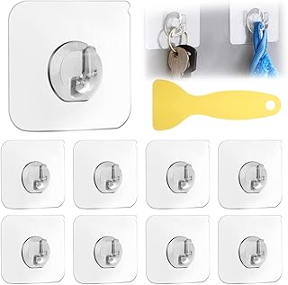 CAEEKER Self Adhesive Hooks, 25 PCS Invisible Stick on Hooks Heavy Duty Wall Hooks Hangers Clear Sticky Back Plastic Hooks Bathroom Kitchen Sticky Hooks for Hanging Towels Spoon Keys (with Scraper)