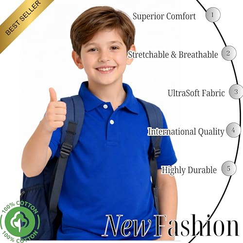 Image of Kids Boys Polo T-Shirt | Half Sleeves | Organic Cotton Rich Bio-Wash Fabric | Ultra Soft & Breathable | Regular Fit | Plain Solid Colour Casual Wear & School Uniform