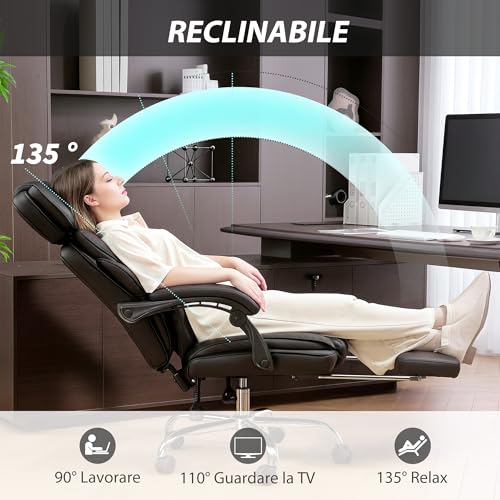 Sedia da Ufficio Ergonomica con Poggiapiedi e Supporto Lombare, in Pelle PU, Poltrona Direzionale Reclinabile 135° con Schienale Alto, Altezza e Poggiatesta Regolabile, Rotelle Girevole, Nero - Sedia gaming - Immagine 5