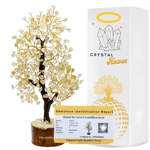 Image of Certified Gold Rutilated Quartz Crystal Tree for Good Luck - Healing Crystals Money Tree for Wealth, Positive Energy at Home Office - Decorative Spiritual Gifts for Vastu, House Warming