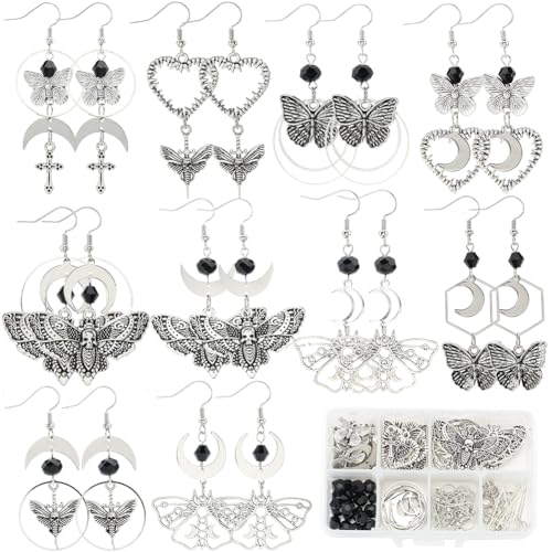 SUNNYCLUE 1 Box 10 works Gothic Dangle Earring Making Kits Butterfly Moth Charms Bulk Halloween Skull Charm Cross Charm Moon Crescent Charms for jewellery Making Kits DIY Dangle Earrings Gift Supplies