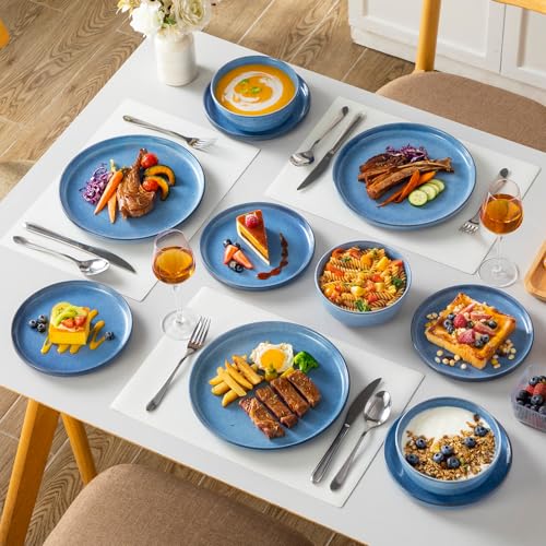 Steingut Geschirrset 6 Personen, vancasso ANYA Blau Teller Set Modern 18 teilig,Tafelservice mit Speiseteller, Desserttellern und Schüsseln, Geschirr Set Spülmaschinen und Mikrowellenfest