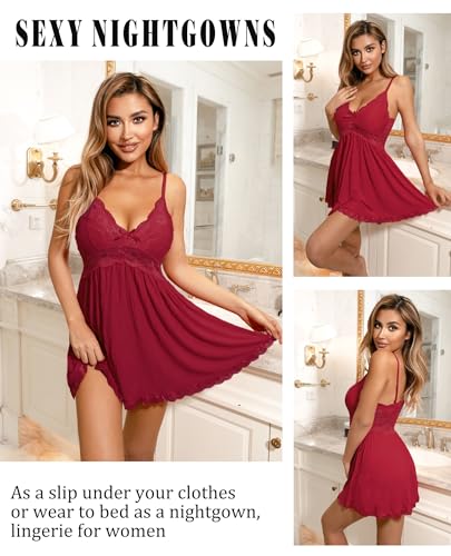 Image of Avidlove Women Chemise Night Gown Lace Modal Sleepwear V-Neck Full Slip Babydoll Lingerie Sexy Nightgowns
