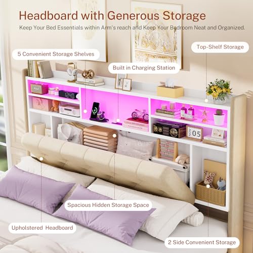 Image of TEENFON Queen Bed Frame with Headboard and 2 Drawers Storage, Bed Frame Queen Size Built in LED Lights and Charging Station, Sturdy & Noise-Free Upholstered Platform Metal Bed, Beige