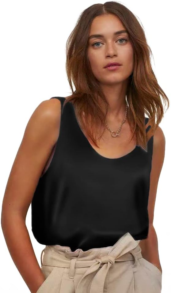 Womens Satin Tank Tops Sleeveless Silk Camisole Blouses O Neck Casual Cami Basic Tank Shirt - Image 2