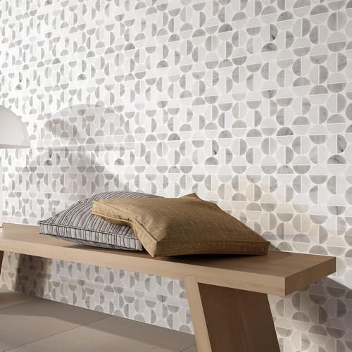 Round Stone and Aluminum Mosaic Wall Tile 5 Sheets,Unique Round Design Stone Mosaic Kitchen Backsplash for Wall Decoration Aluminum Mosaic Walls Tiles 5.36 sq. ft. (White+ Grey+Aluminum)