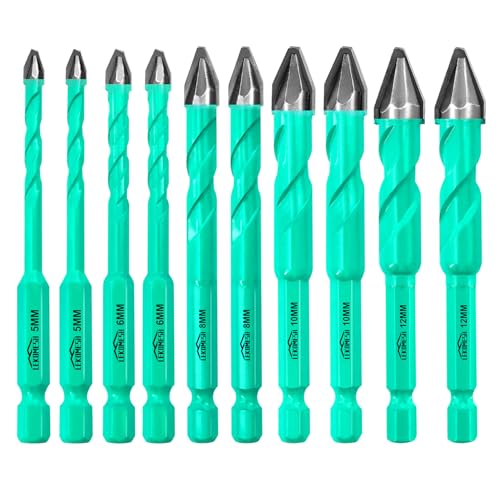 LEKOMESH Set Punte Trapano Carburo - 10 pezzi 5mm*2+6mm*2+8mm*2+10mm*2+12mm*2 Punte Trapano Gres Porcellanato per Legno, Plastica, Muratura,Ceramica, Marmo, Vetro, Cambio Rapido con Gambo Esagonale