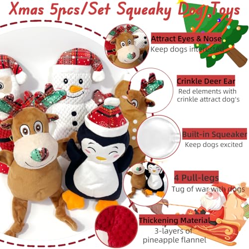 5 Pieces Christmas Squeaky Interactive Dog Toys with Crinkle, Plush Toy to Keep Them Busy for Boredom, Dog Toy for Small Medium Large Dogs - Santa/Penguin/Snowman/Gingerbread Man/Deer - Image 3